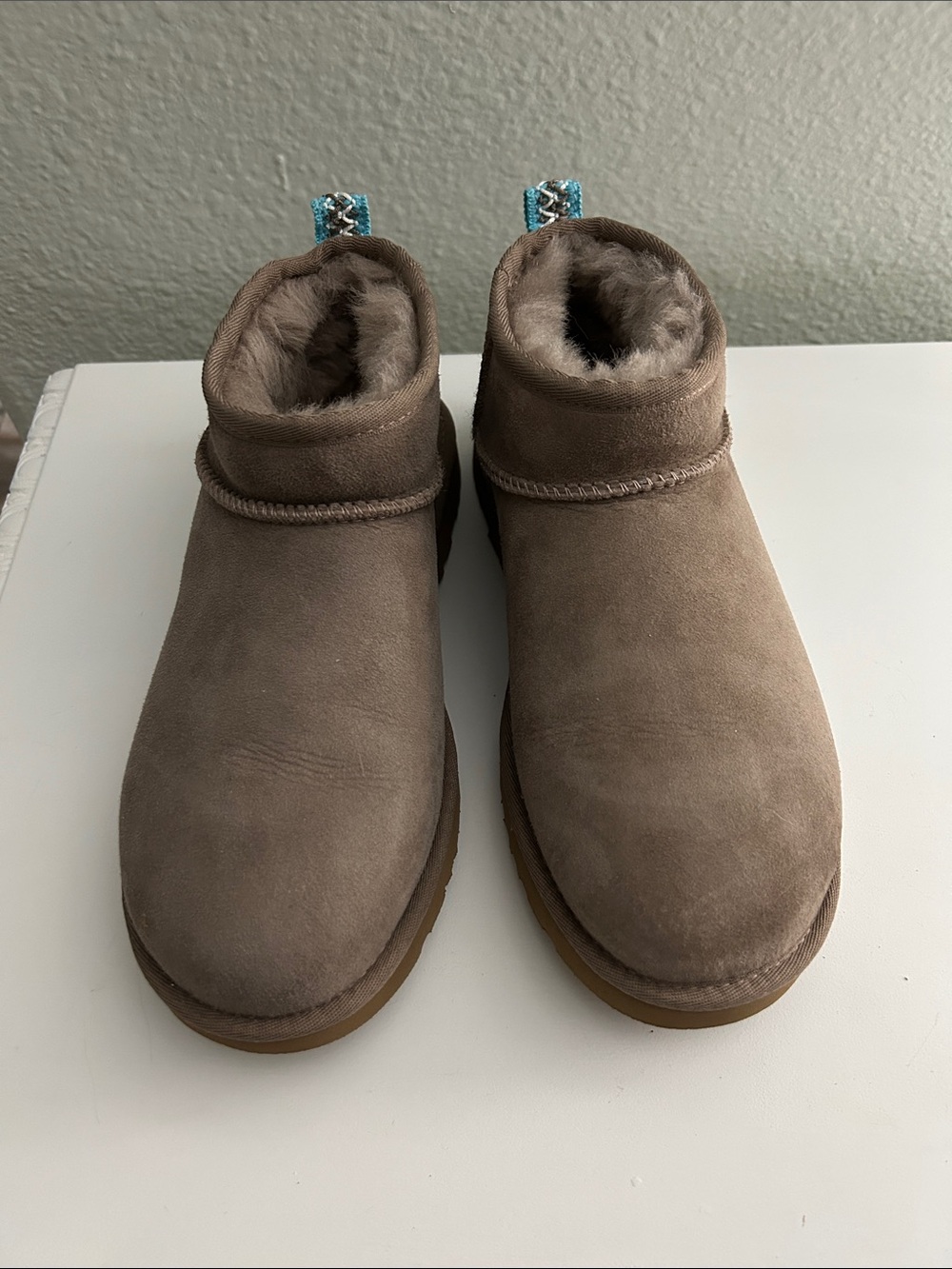 UGG Chestnut Suede Ankle Boots with Turquoise Accent